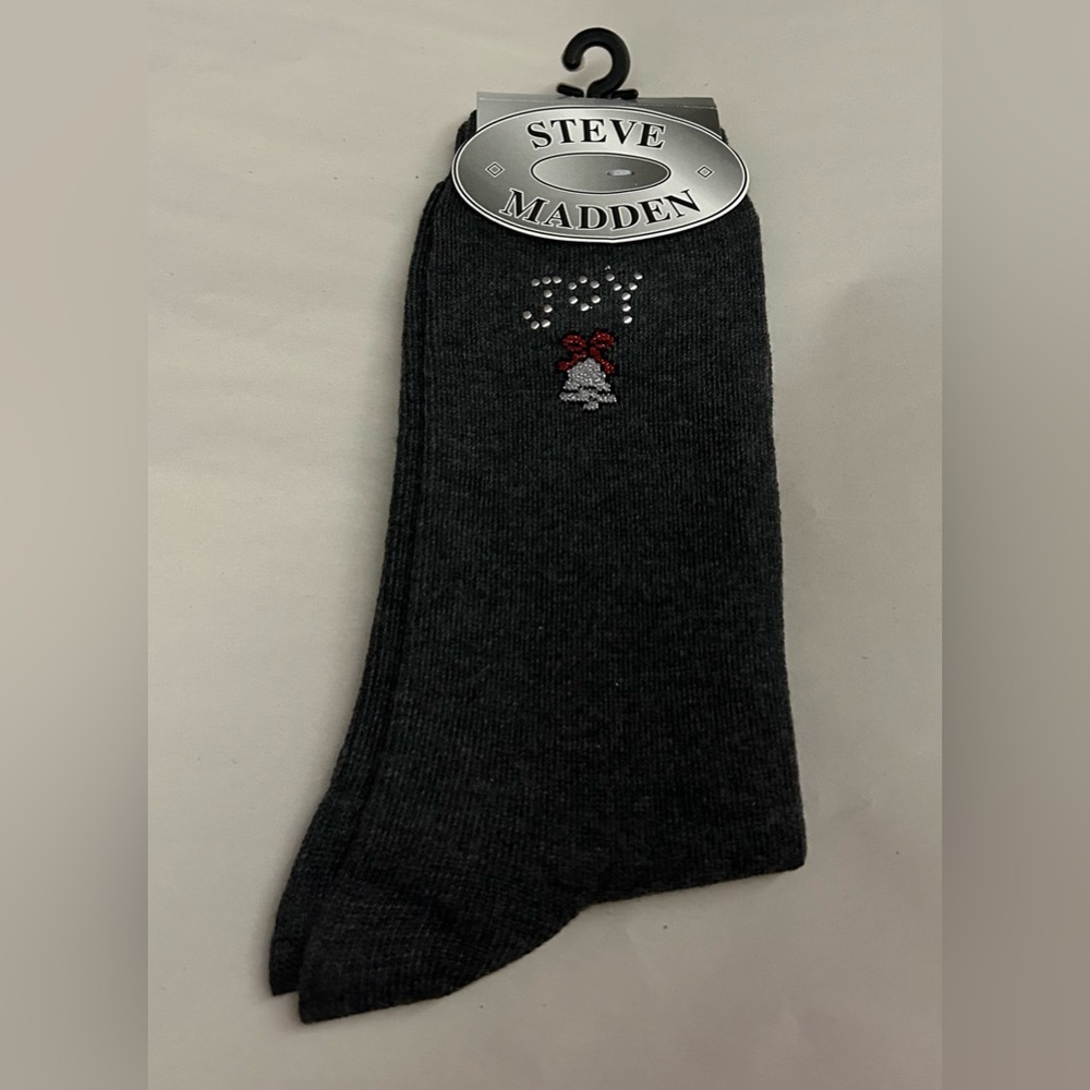 New Adult Women's Steve Madden Christmas Grey Socks JOY Silver Beads Silver Bell